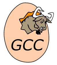 This logo depicts a Bull shaped animal jumping out of an egg, in black text that displays the letters G, C, C